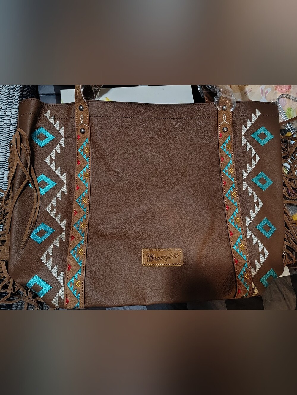 New Wrangler Aztec Fringe Embroidered Tote Bag W/ Matching Card Wallet/Wristlet